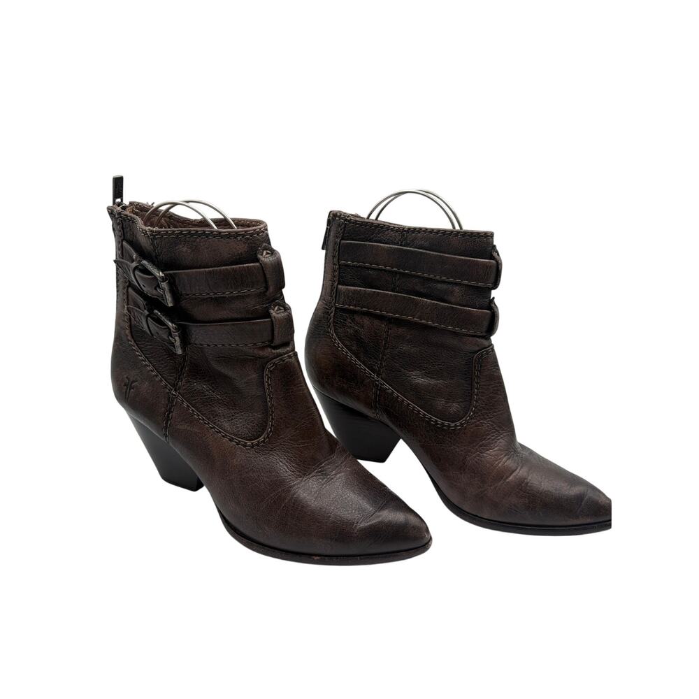 βοΈ Women Frye Reina Brown Leather Distressed Western Boots Size 7.5 Pointed Toe